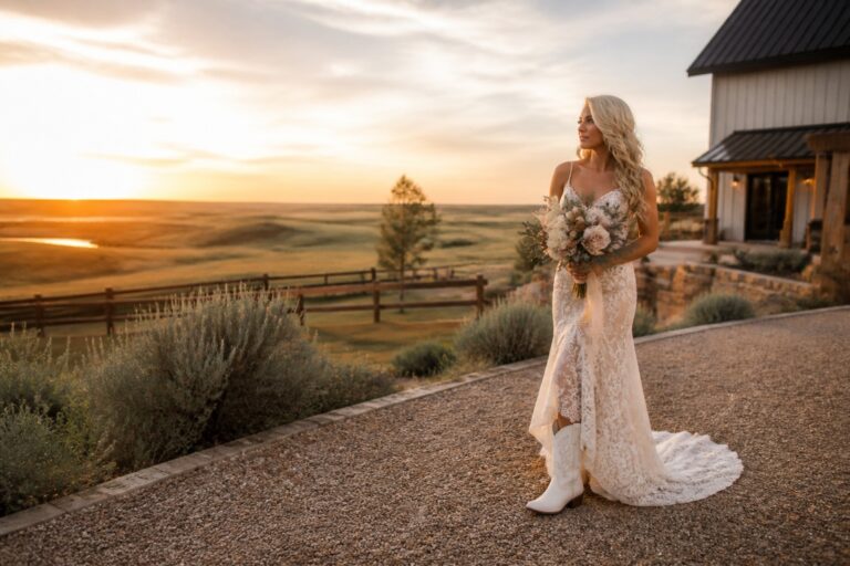 western bridal dresses ivory lace gown and cowboy boots at a ranch wedding
