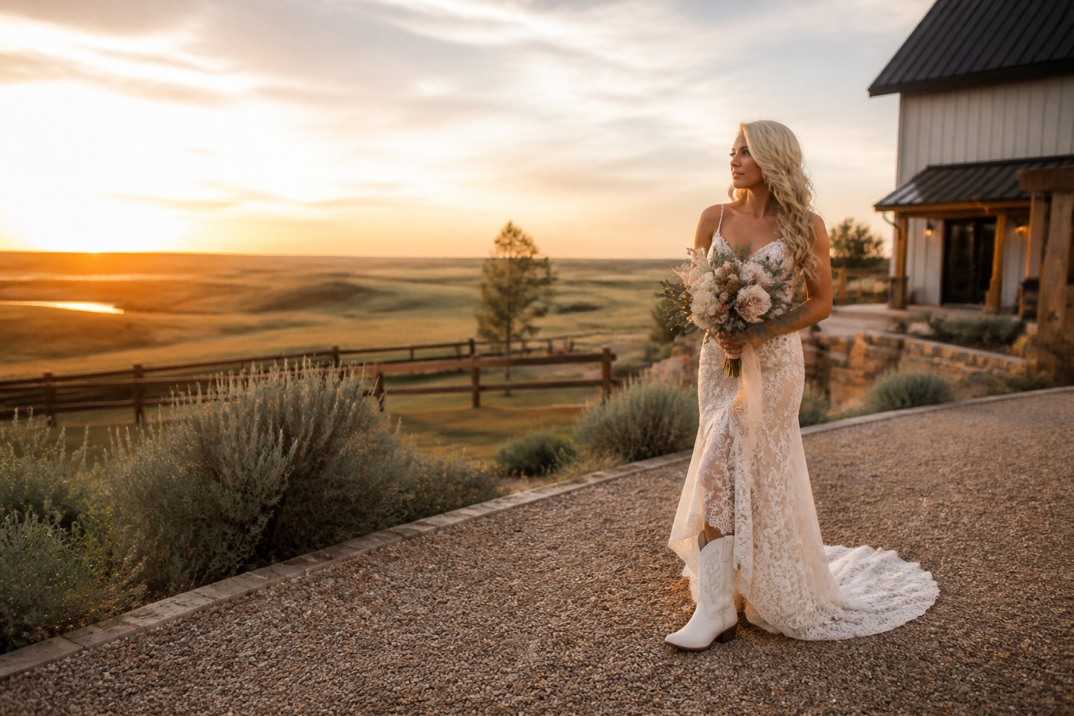 western bridal dresses ivory lace gown and cowboy boots at a ranch wedding