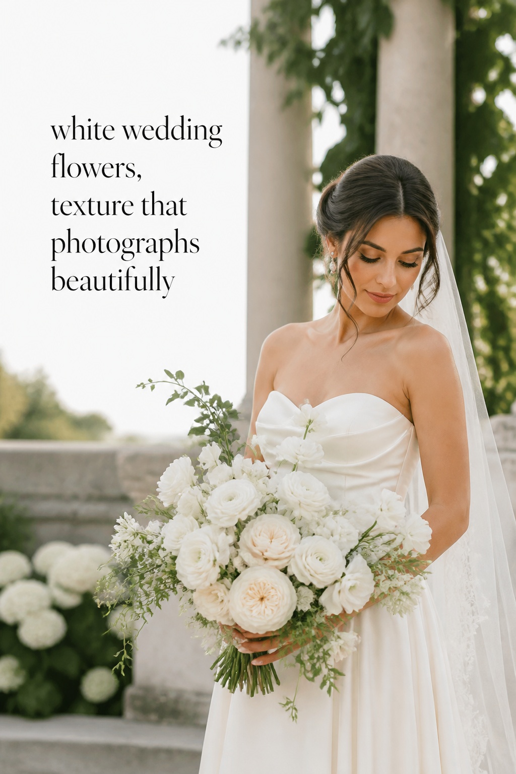 white wedding flowers with a textured ivory bridal bouquet in a garden