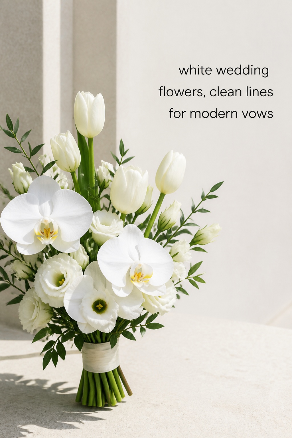 white wedding flowers in a clean tulip and orchid bouquet for modern vows