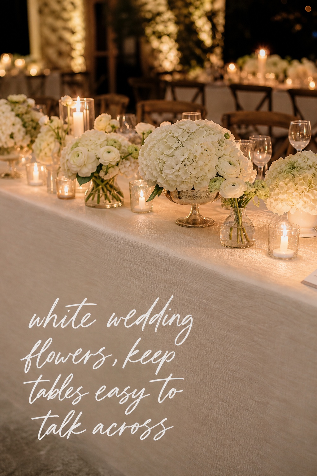 white wedding flowers in low reception centerpieces with candles and ivory linen
