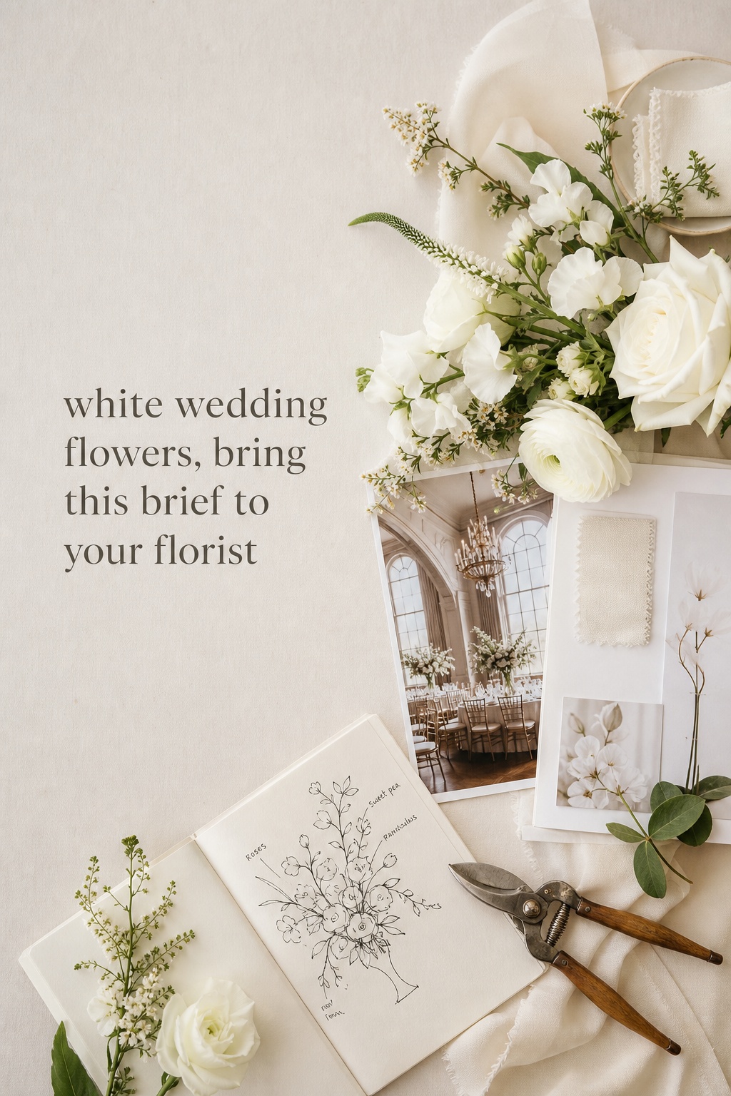 white wedding flowers in a florist consultation with ivory fabric and seasonal samples