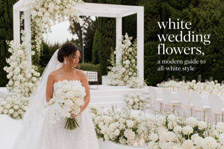 white wedding flowers in a modern garden ceremony and reception setting