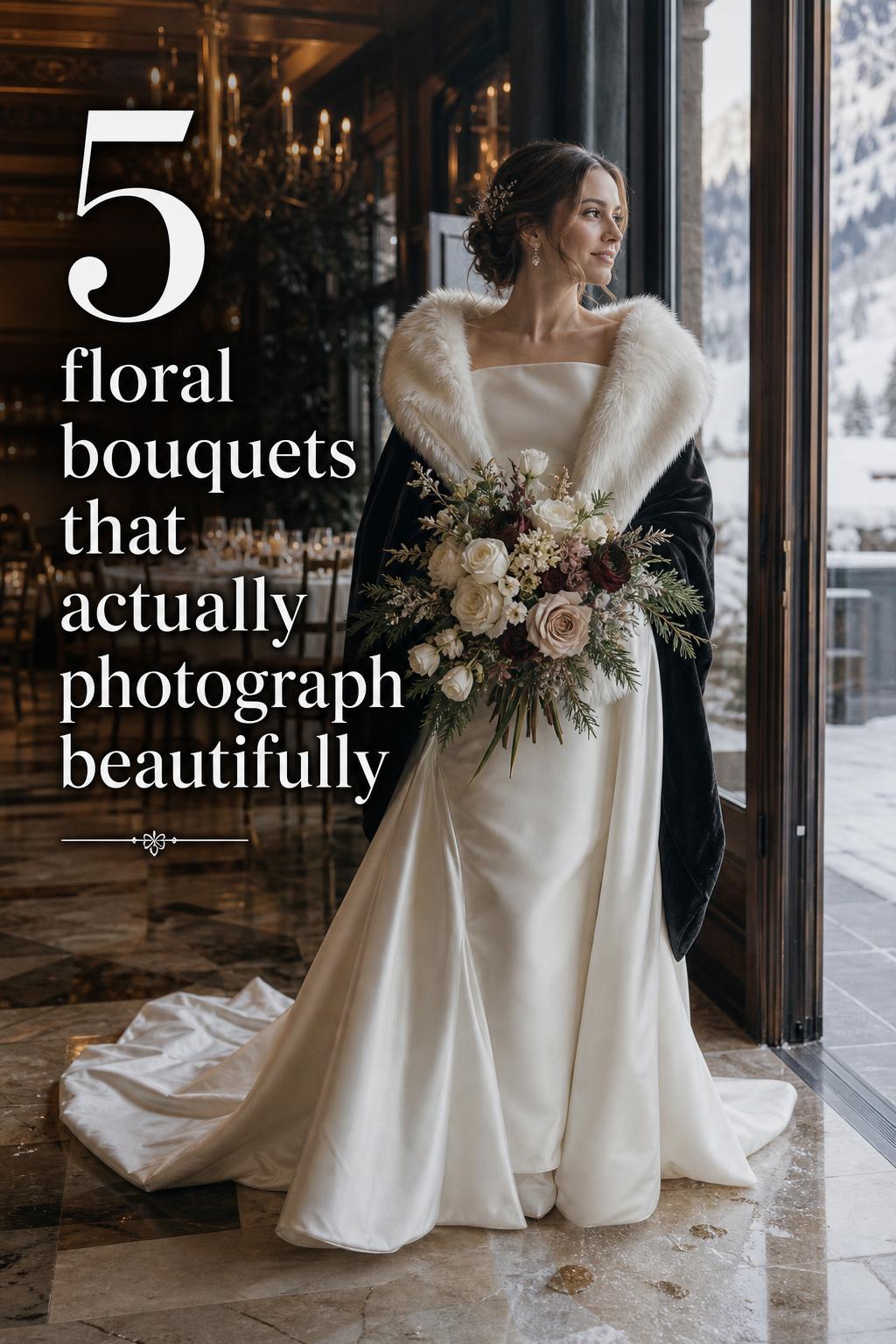 Elegant bride at luxury alpine resort entrance holding floral bouquets in winter light, satin gown with velvet wrap