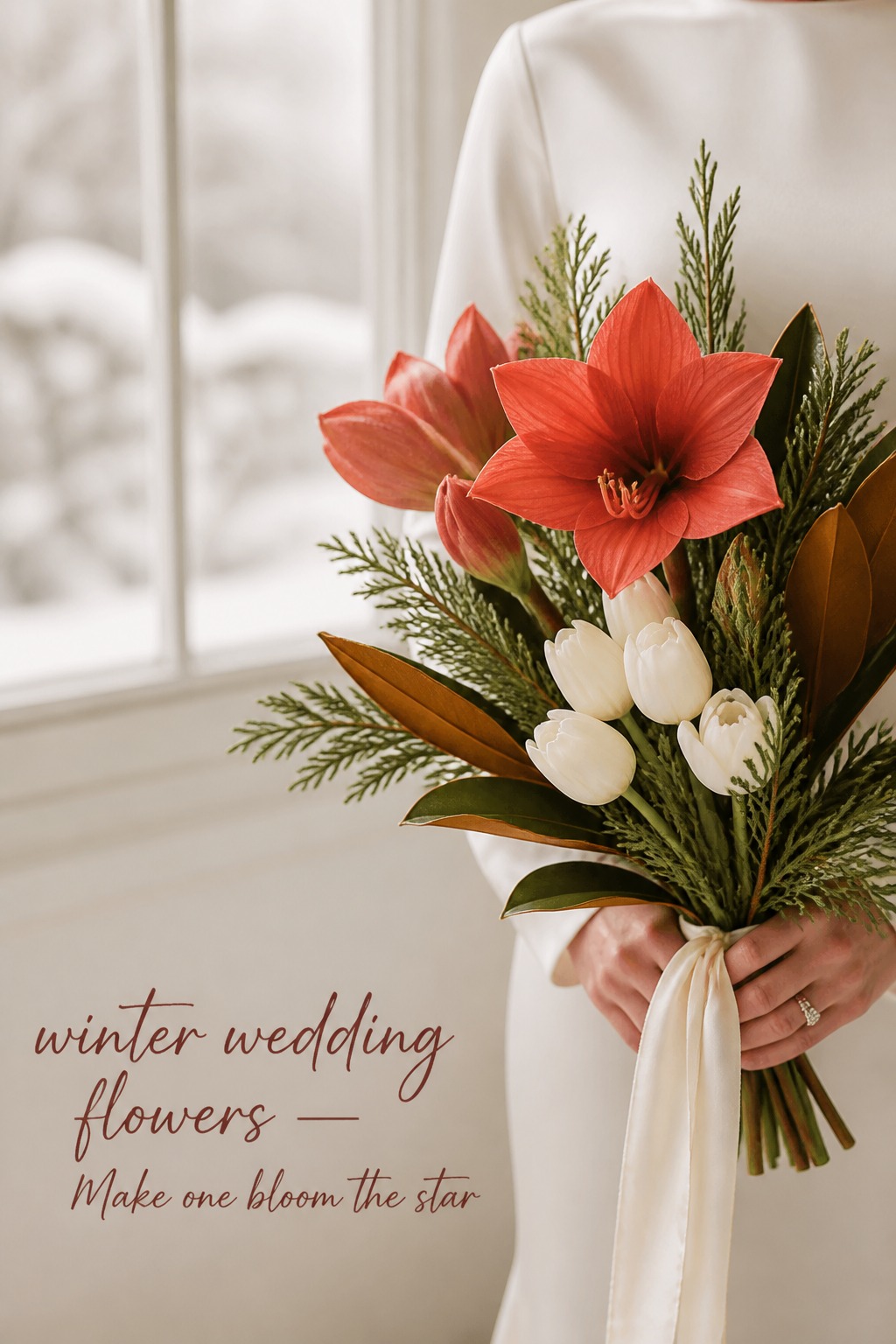 winter wedding flowers bouquet with coral amaryllis, tulips, cedar and magnolia