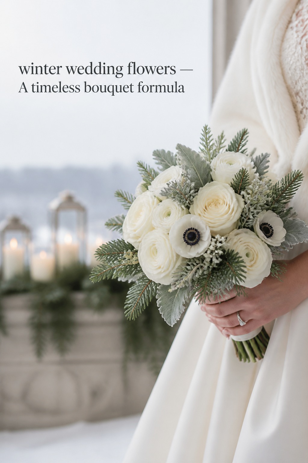 winter wedding flowers bouquet with ivory roses, anemones, dusty miller and evergreen