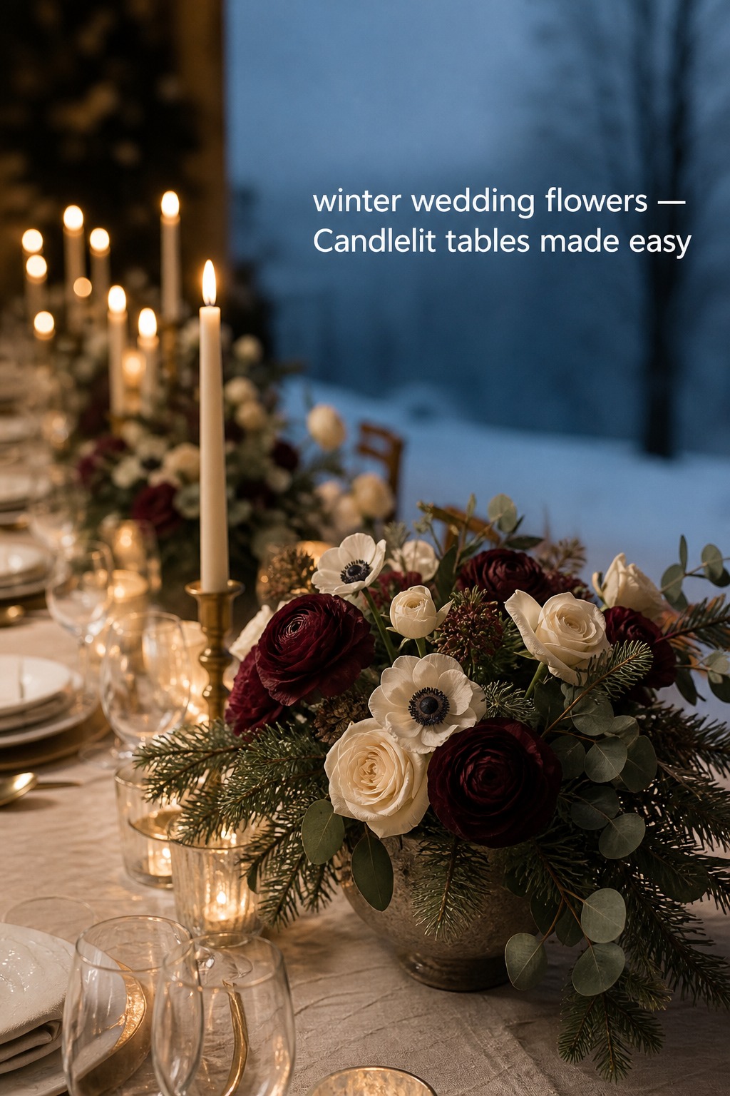 winter wedding flowers centerpiece with burgundy ranunculus, ivory roses and candles