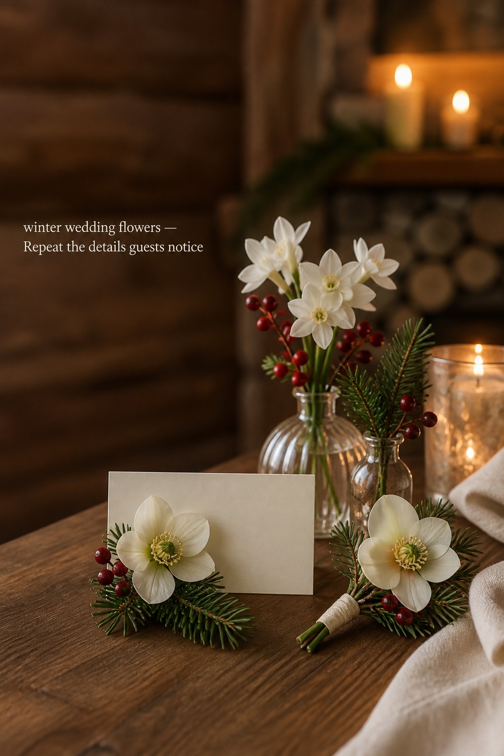 winter wedding flowers details with hellebore, paperwhites, berries and evergreen