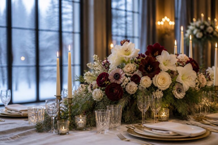 winter wedding flowers tablescape with ivory, burgundy, ranunculus, amaryllis and evergreen
