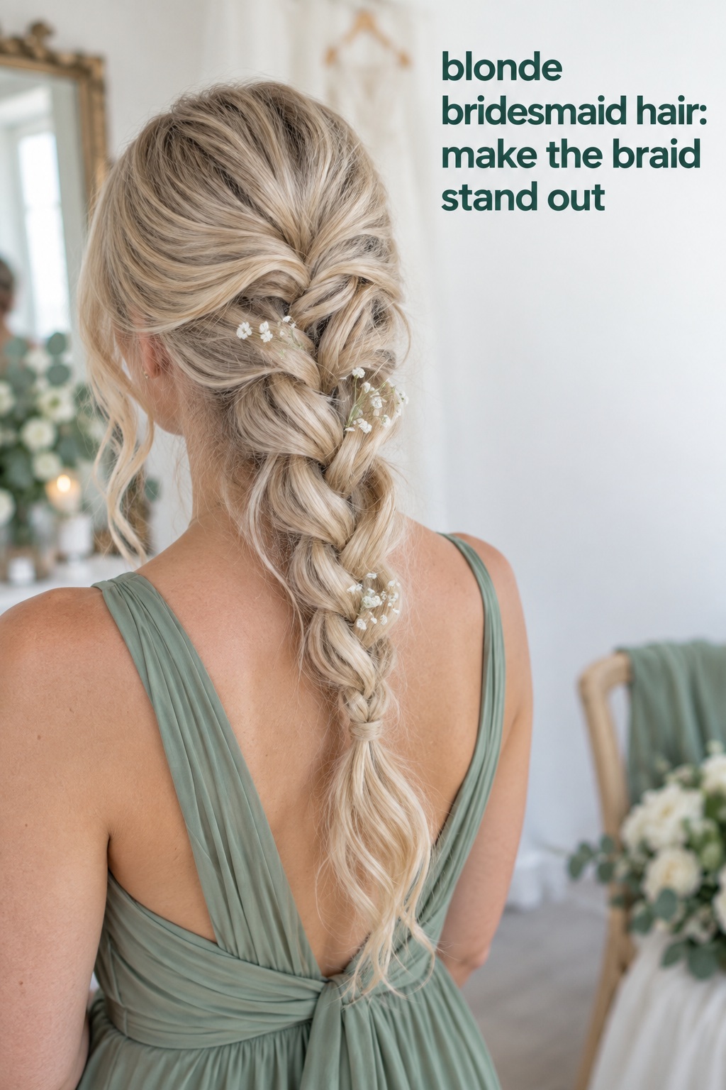 Blonde bridesmaid hair in a loose braid against a sage dress
