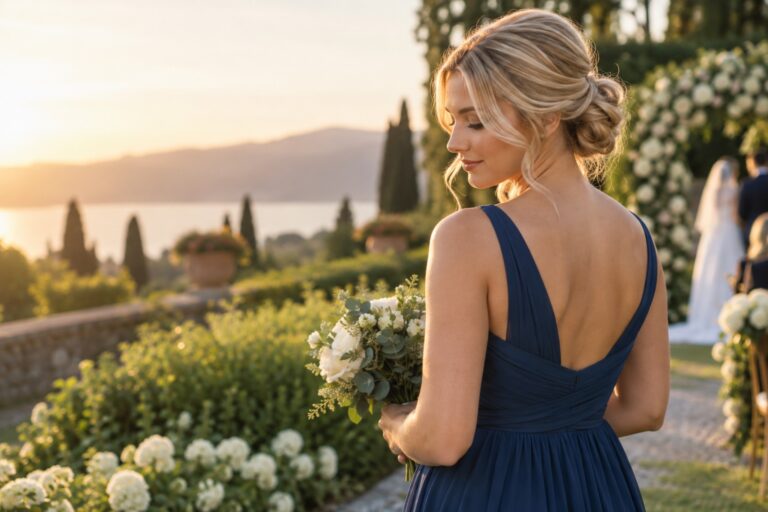 Blonde bridesmaid in a blue dress with a dimensional low updo