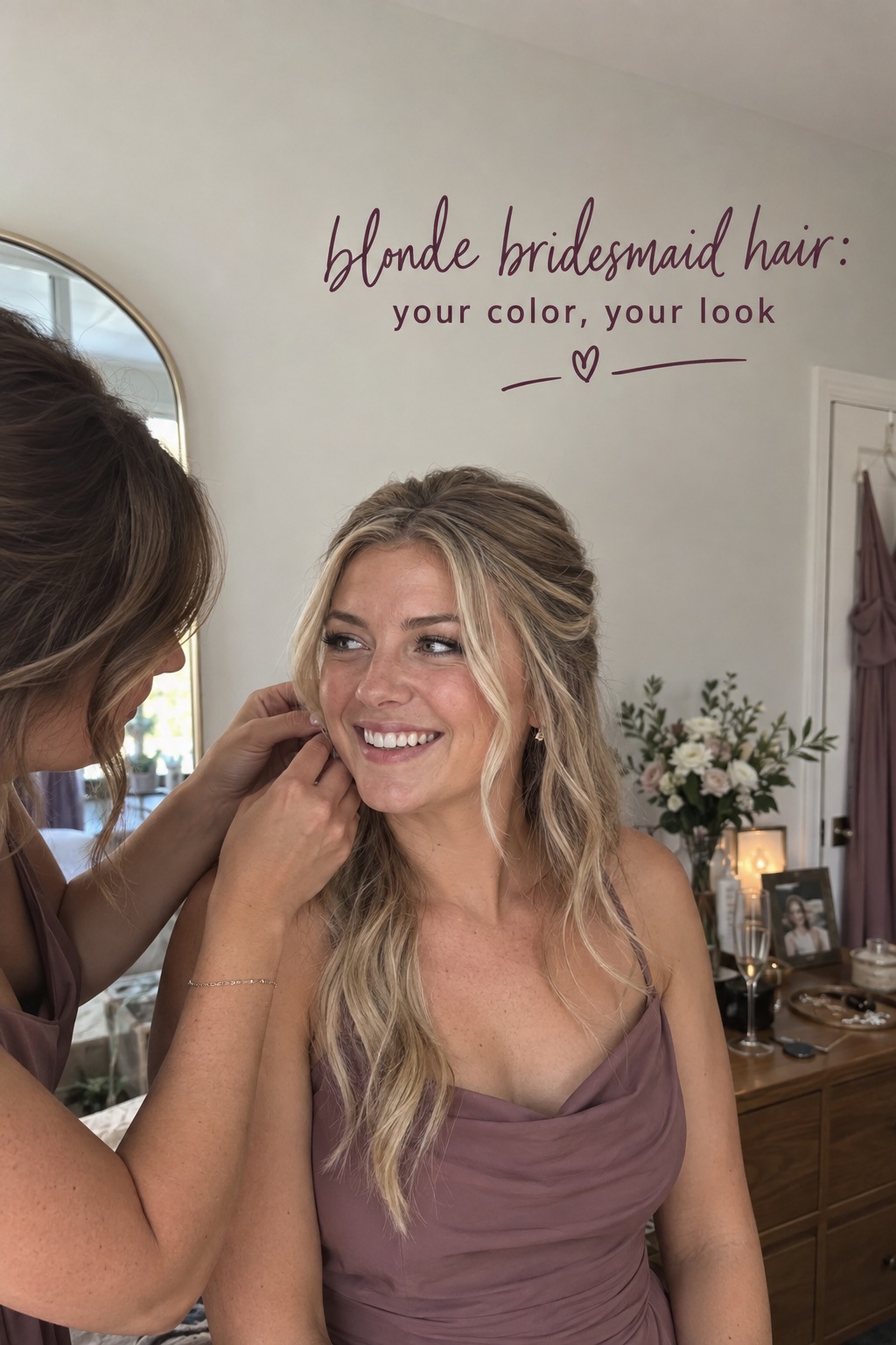 Blonde bridesmaid hair in a half-up style during wedding preparations