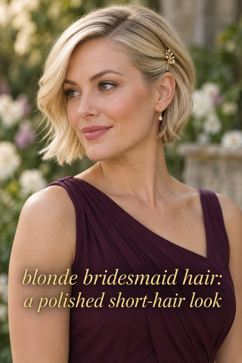 Blonde bridesmaid hair styled as a polished short bob with a gold pin
