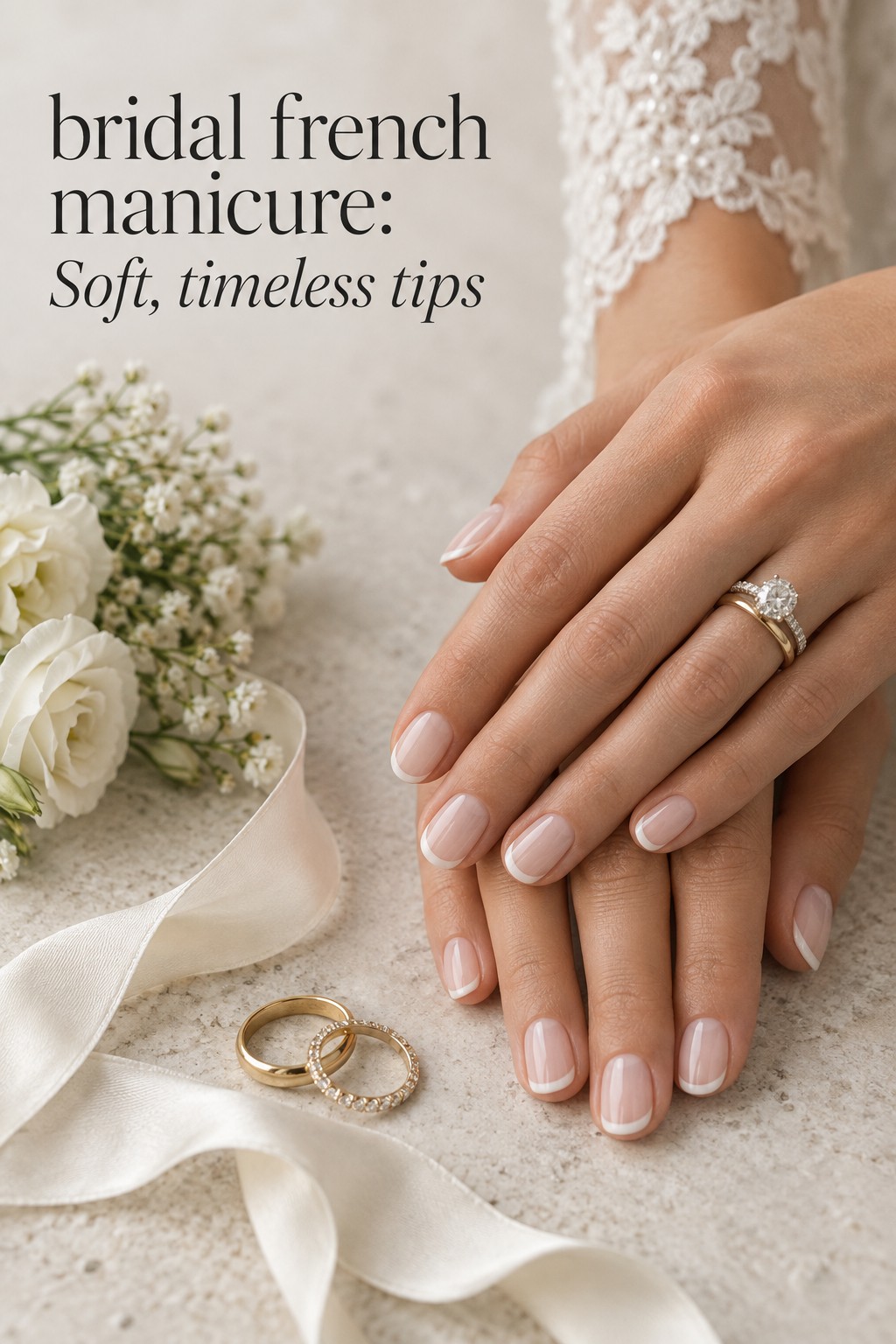 bridal french manicure with a sheer milky base and delicate white tips