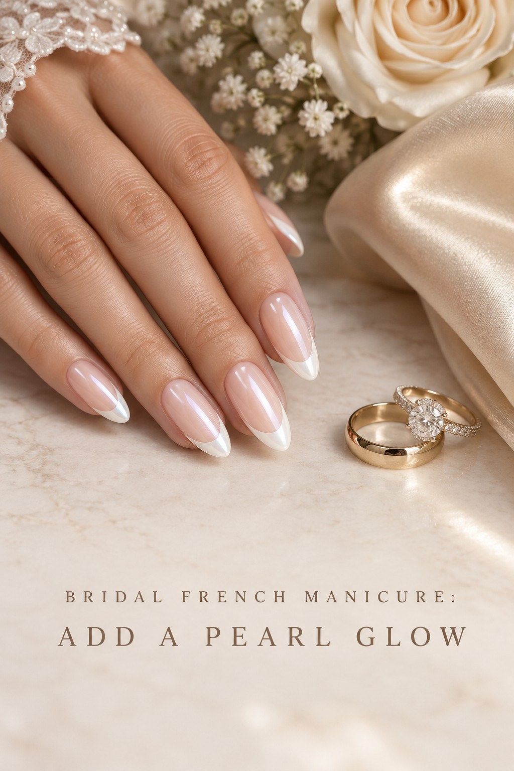 bridal french manicure with pearl chrome tips beside wedding rings