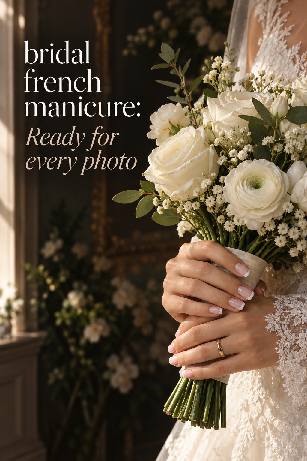 bridal french manicure final wedding day hands holding a bouquet