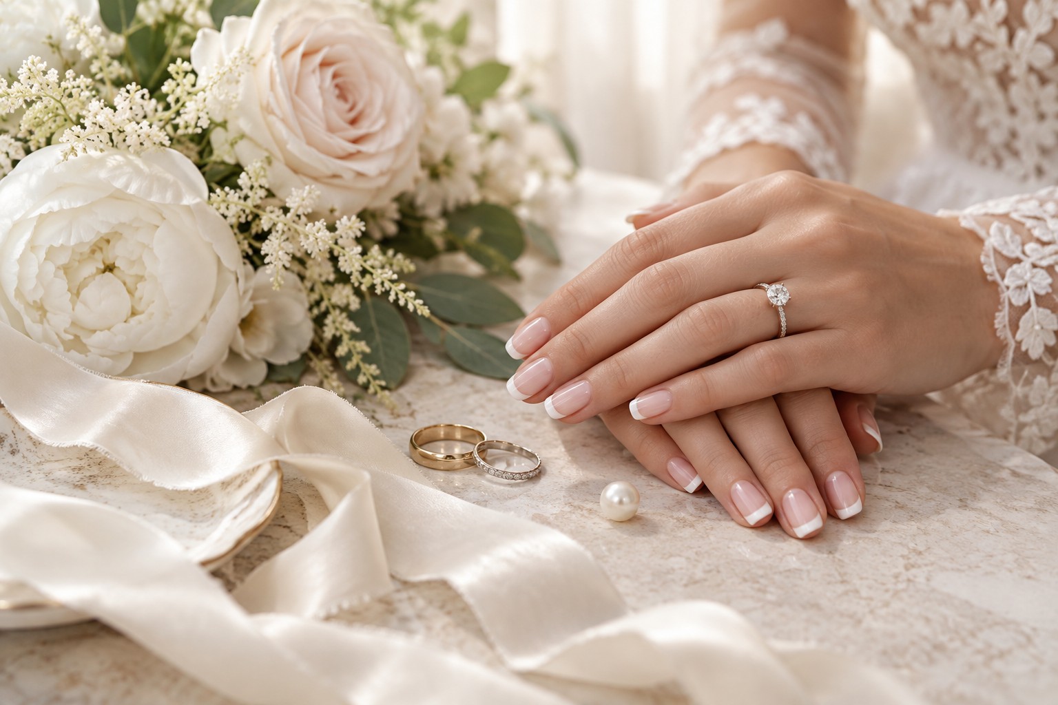 bridal french manicure with rings white flowers and ivory ribbon
