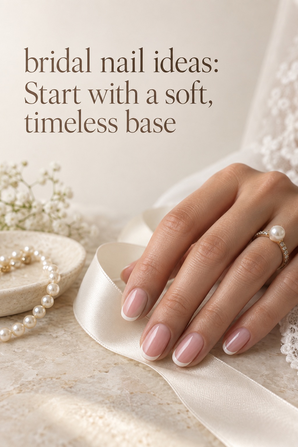 bridal nail ideas with sheer rosy pink nails and soft white tips beside pearls