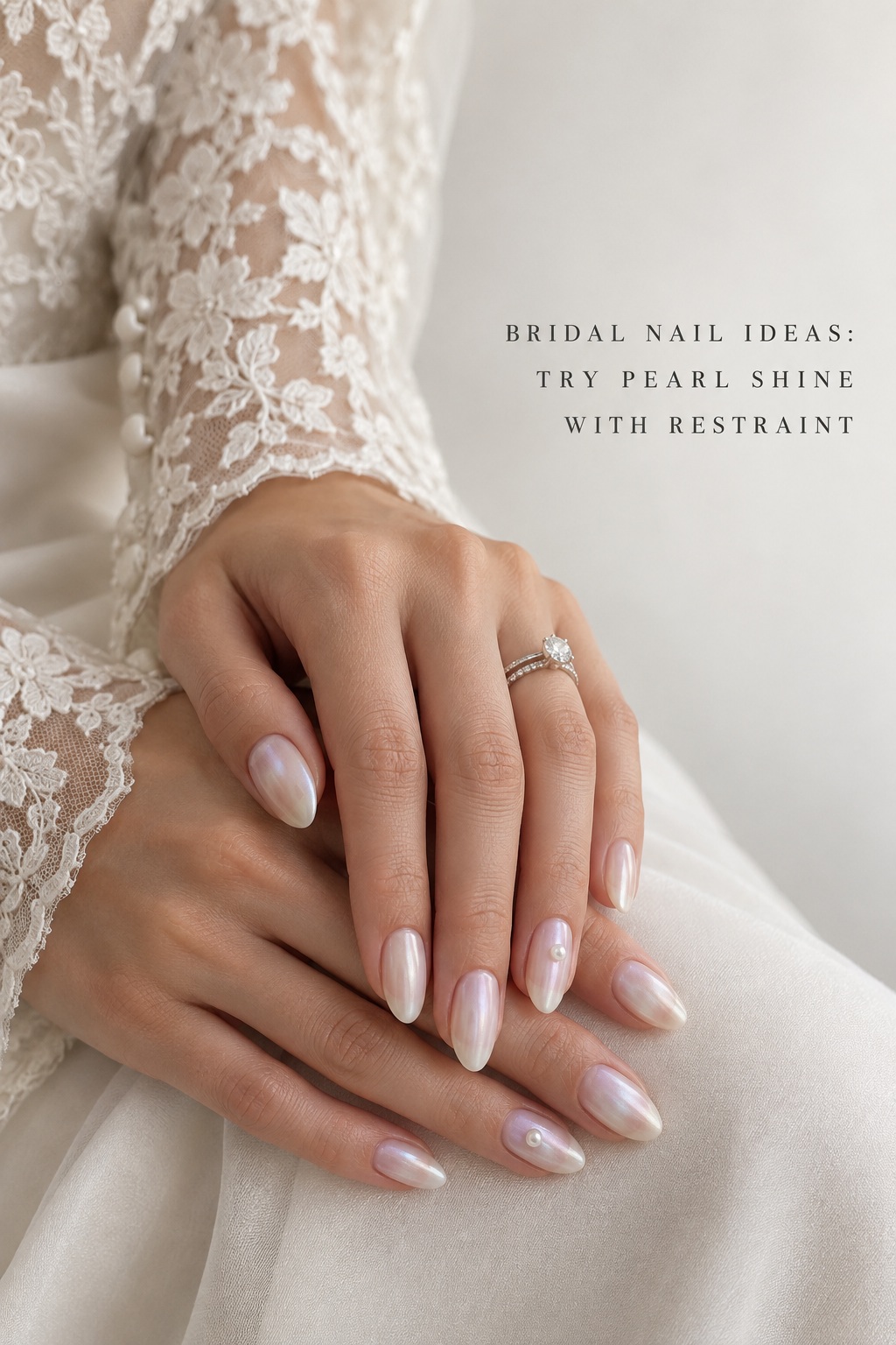 bridal nail ideas with milky pearl chrome almond nails and a single pearl accent
