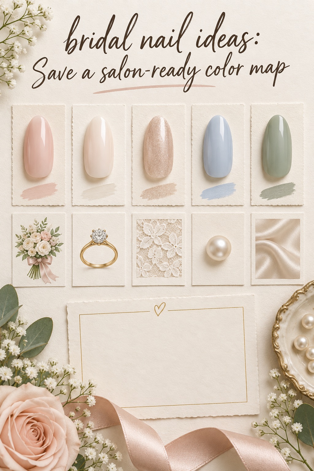 bridal nail ideas Pinterest-flat color map with pink, ivory, champagne, blue, and sage
