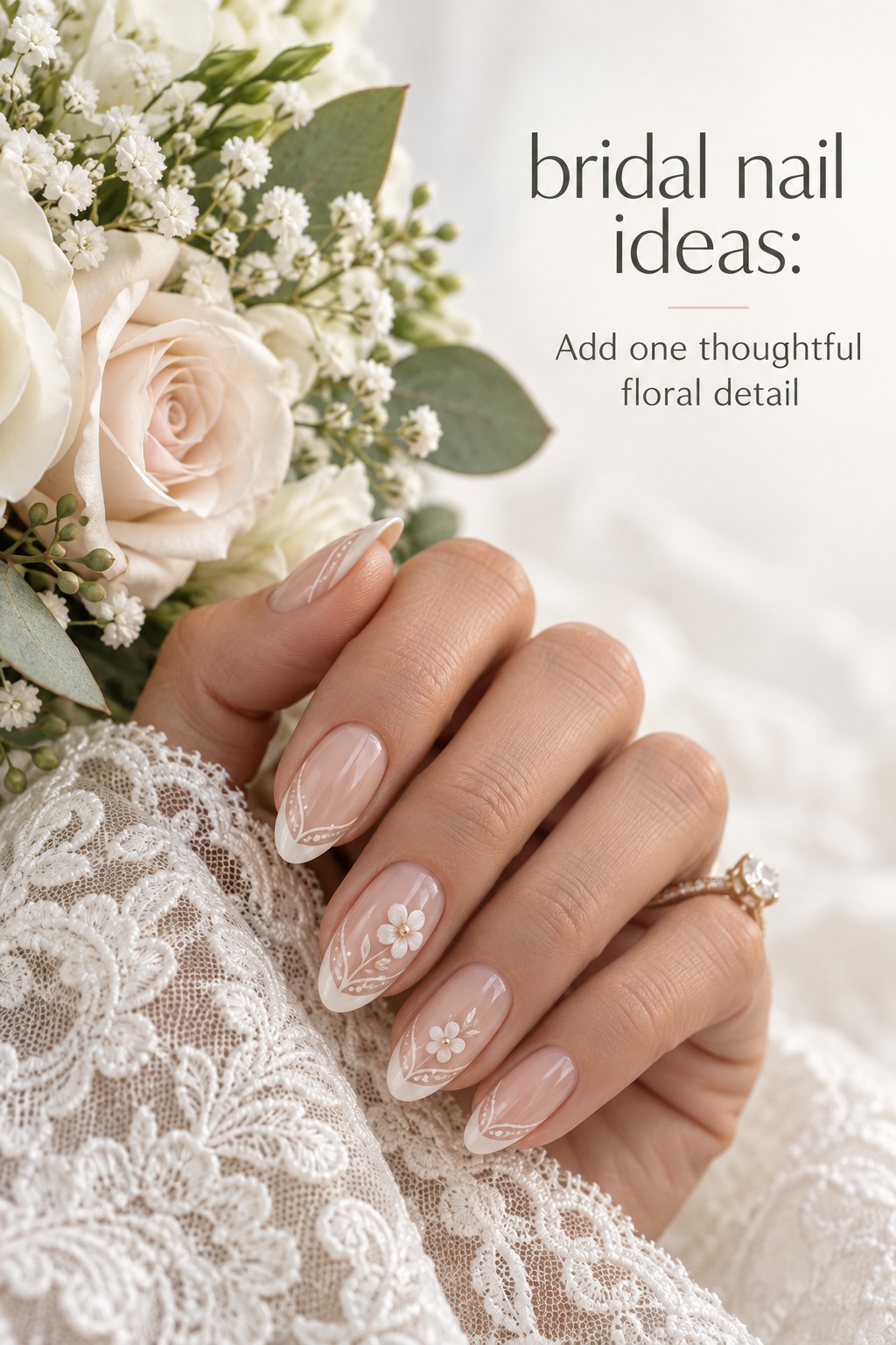bridal nail ideas with nude nails, white lace swirls, and a small floral accent