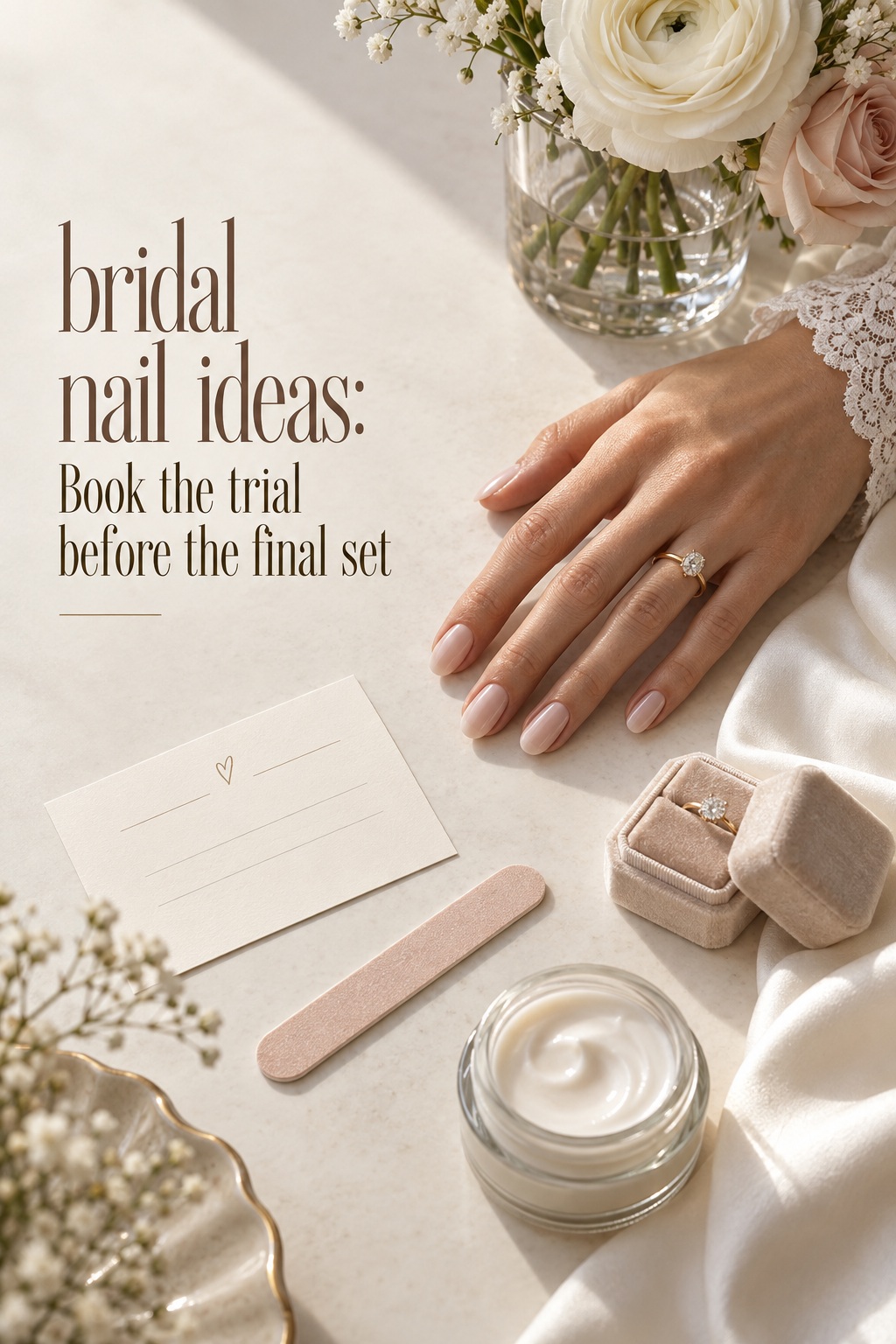 bridal nail ideas trial planning scene with glossy milky nude manicure and ring