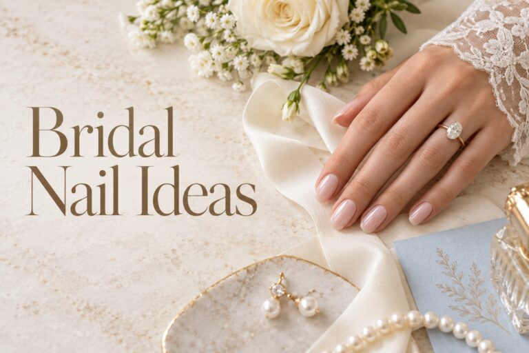 bridal nail ideas with glossy sheer pink manicure, ivory ribbon, pearls, and white bouquet