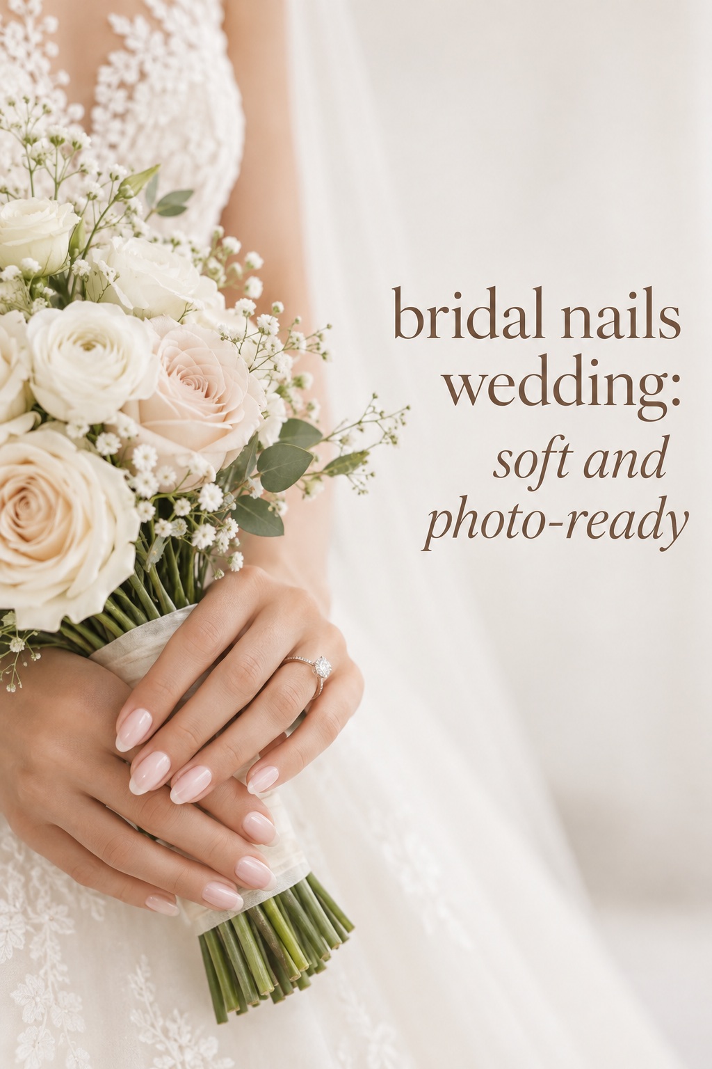 bridal nails wedding with soft blush nails and an ivory bouquet