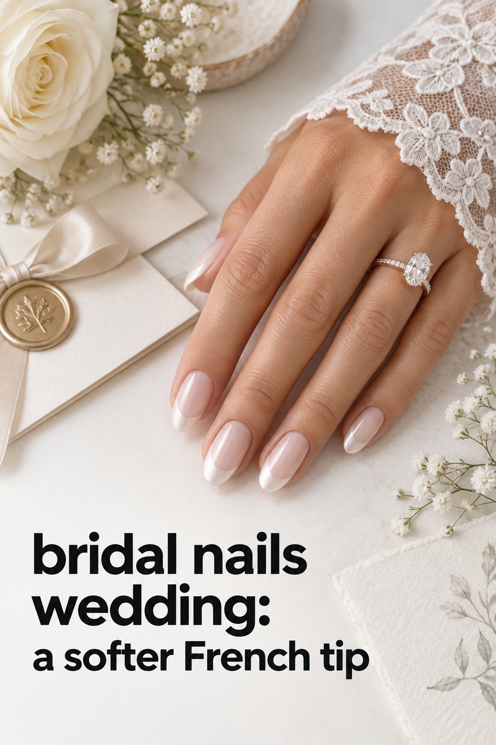 bridal nails wedding with milky pearl French tips and lace