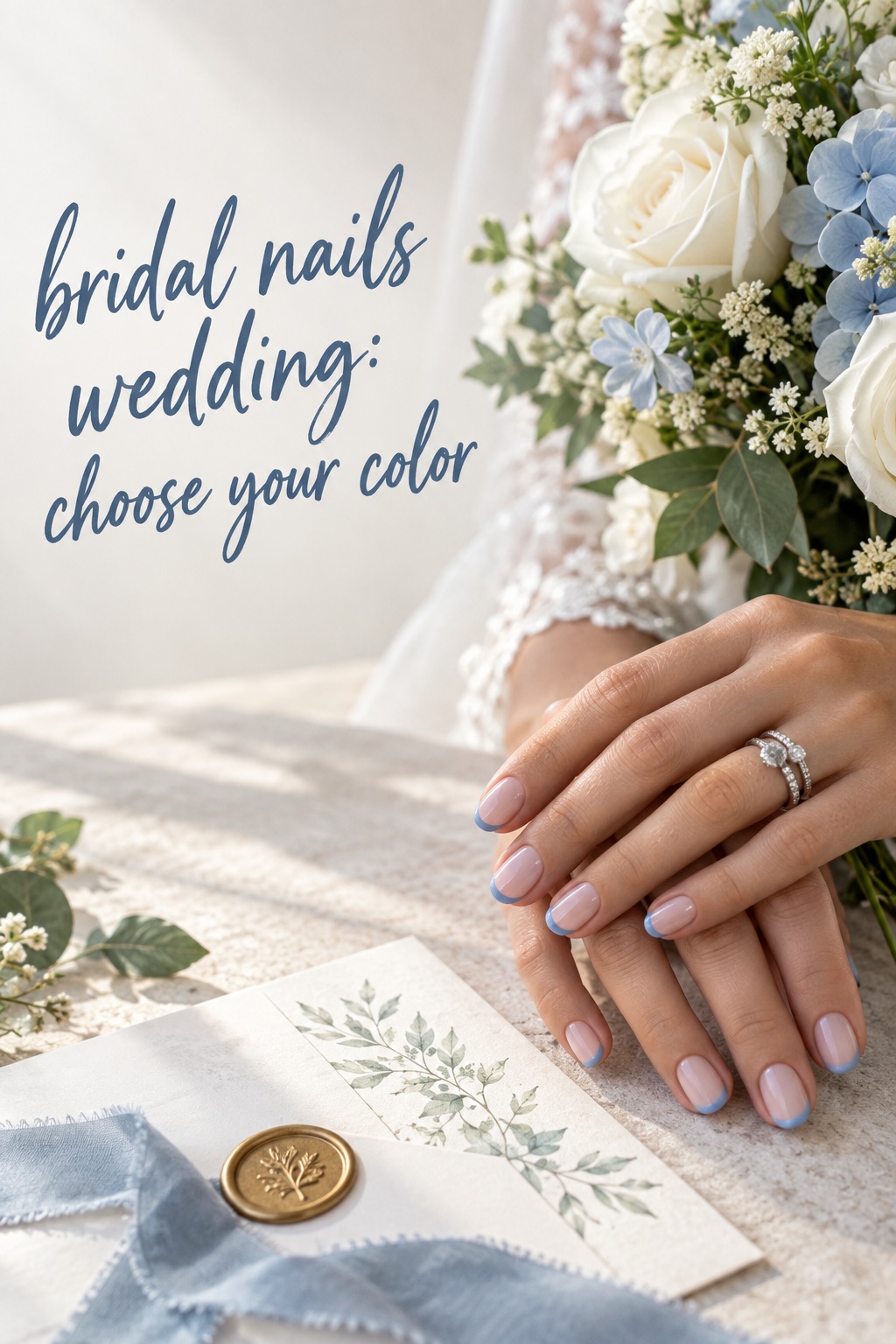 bridal nails wedding with muted blue French tips and a bouquet
