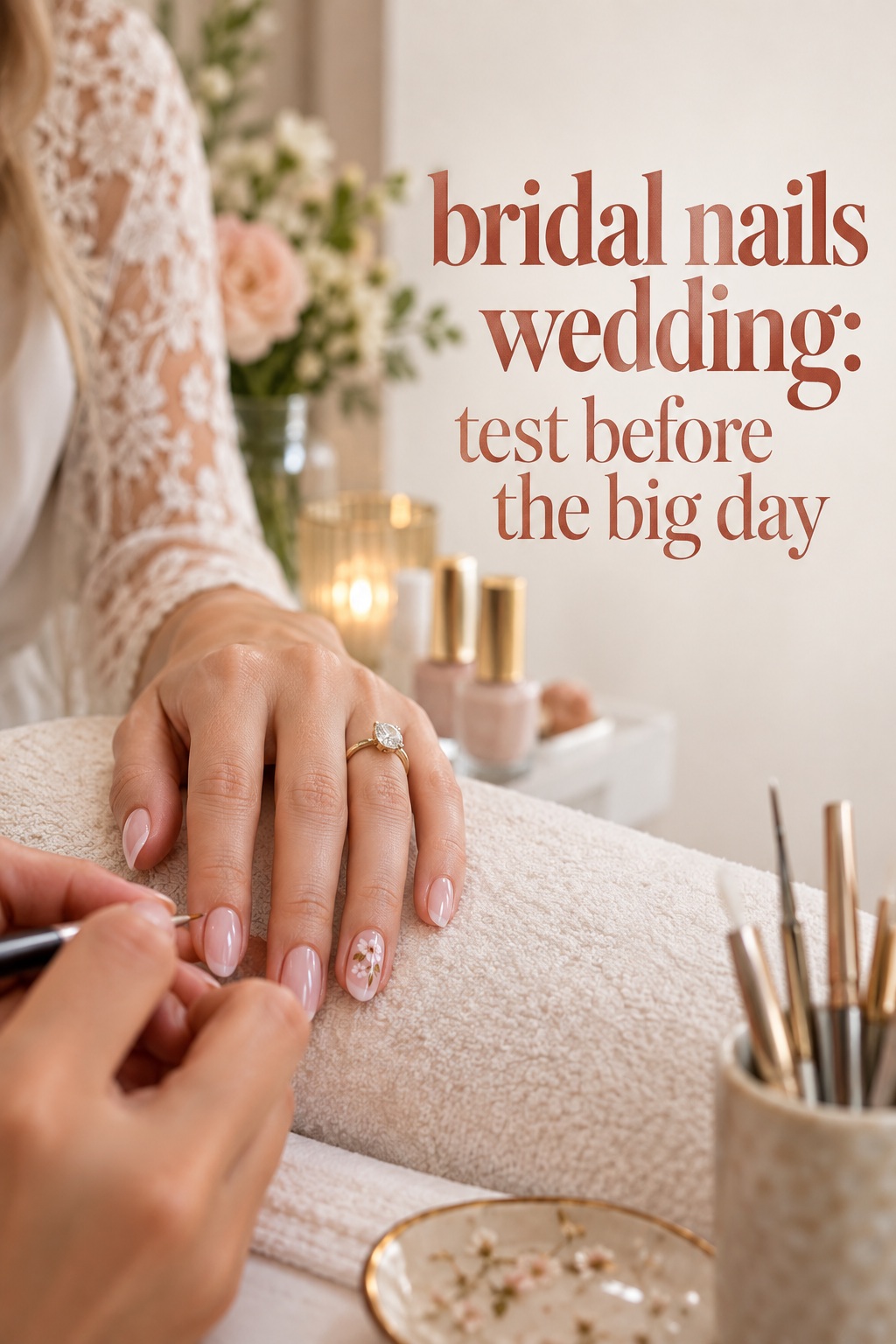 bridal nails wedding manicure trial with a small floral accent
