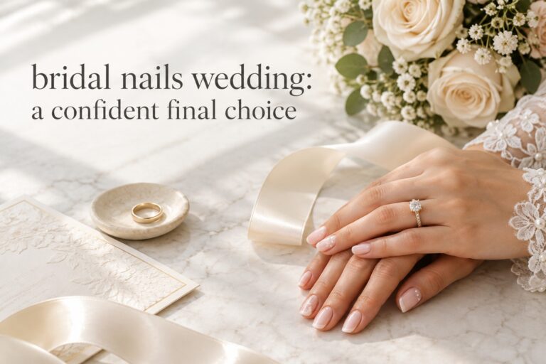 bridal nails wedding beside a ring, ivory bouquet and stationery