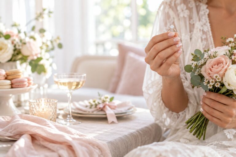 Bridal shower nail ideas with a blush pearl manicure beside a ring and bouquet