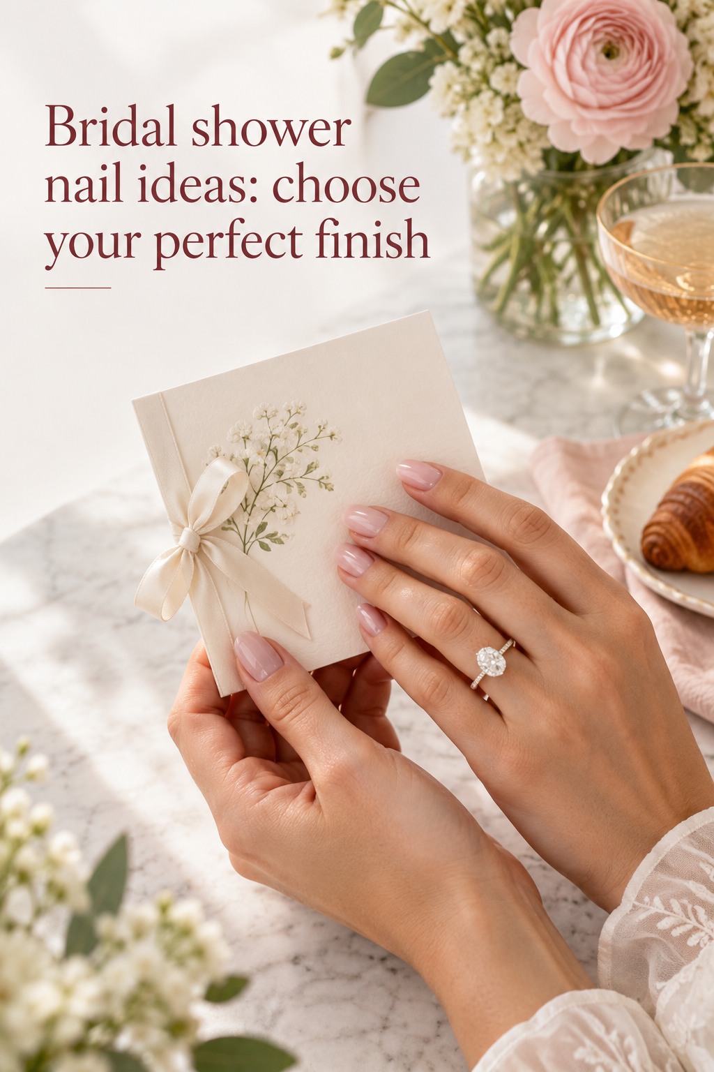 Bridal shower nail ideas with a sheer blush manicure beside an invitation