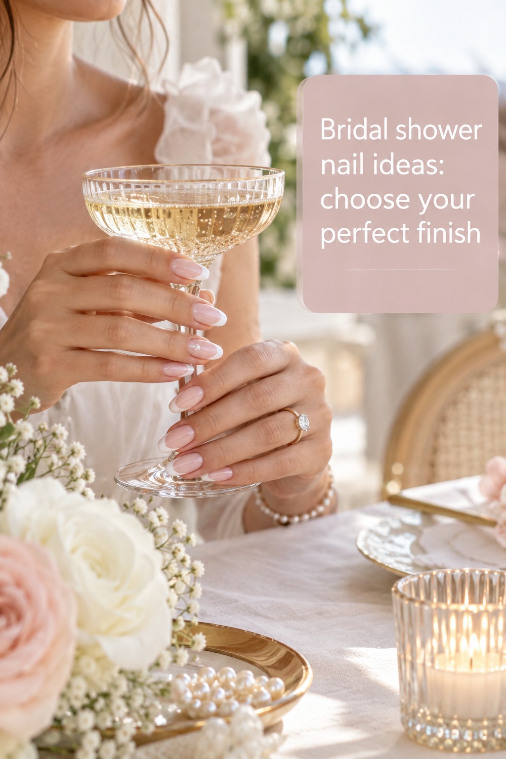 Bridal shower nail ideas with a modern French manicure and pearl detail
