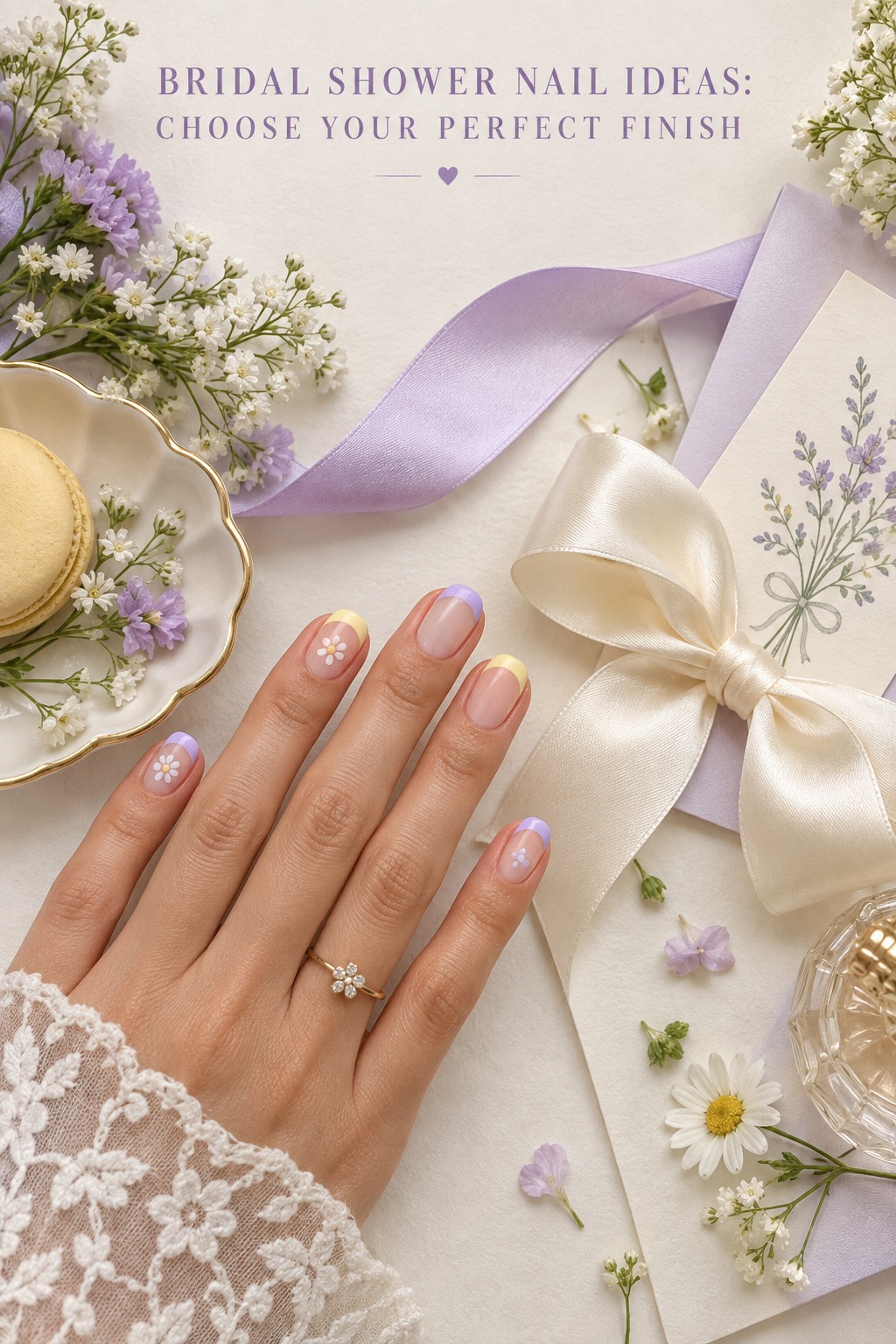 Bridal shower nail ideas with pastel lavender and butter yellow tips