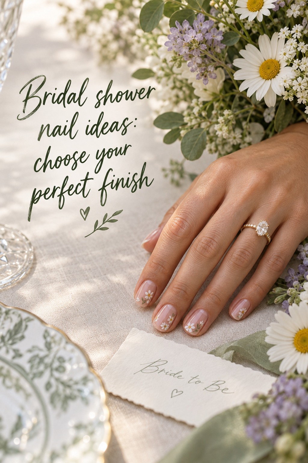 Bridal shower nail ideas with short nude nails and daisy art