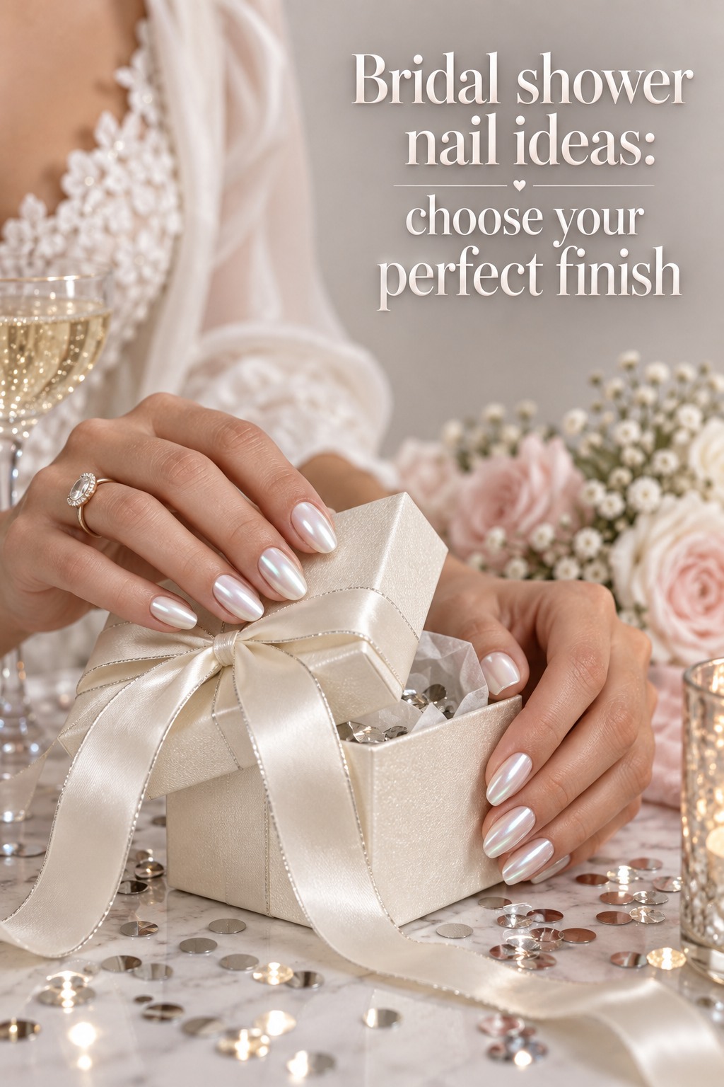 Bridal shower nail ideas with white pearl chrome almond nails