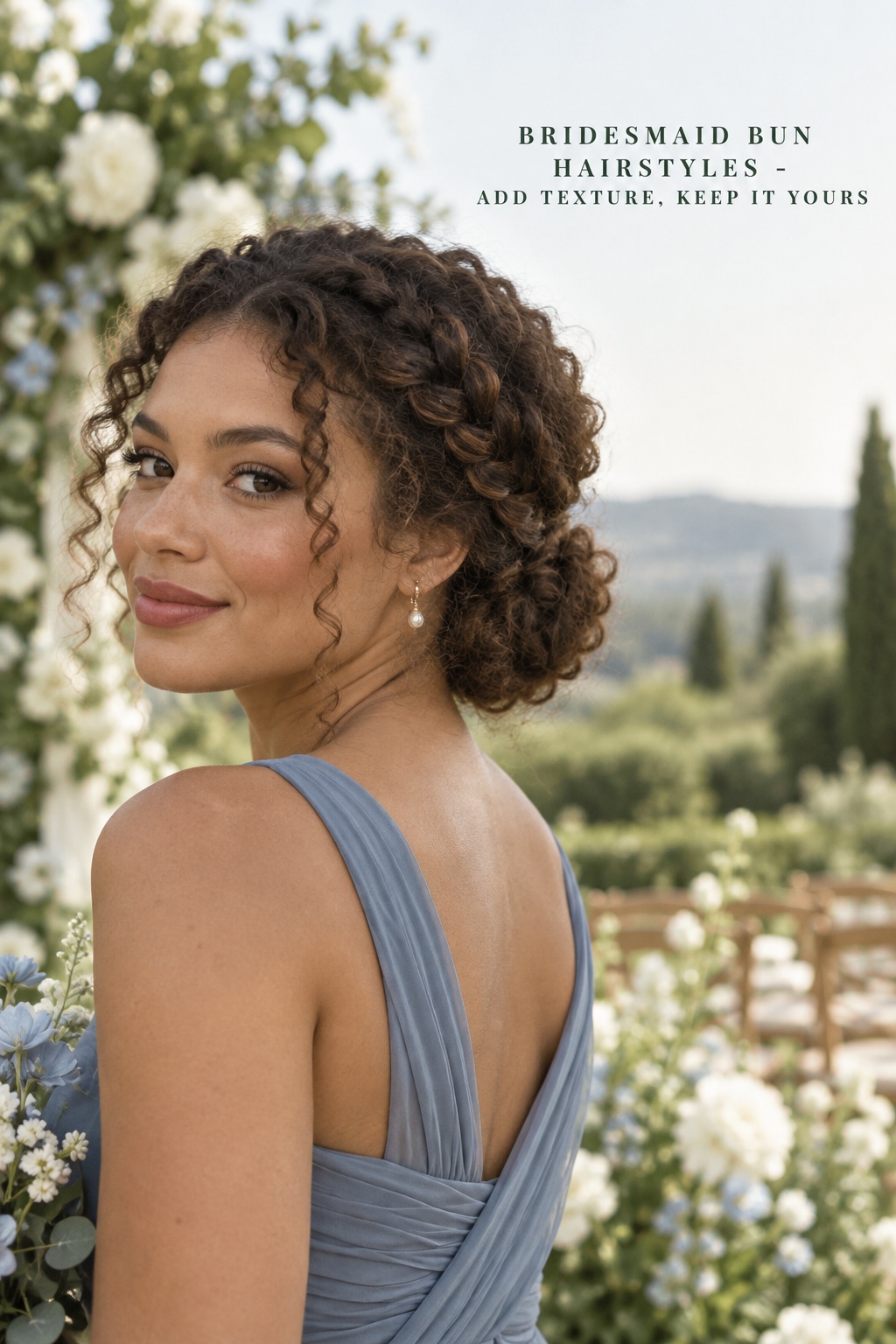 bridesmaid bun hairstyles curly braided low bun with blue dress