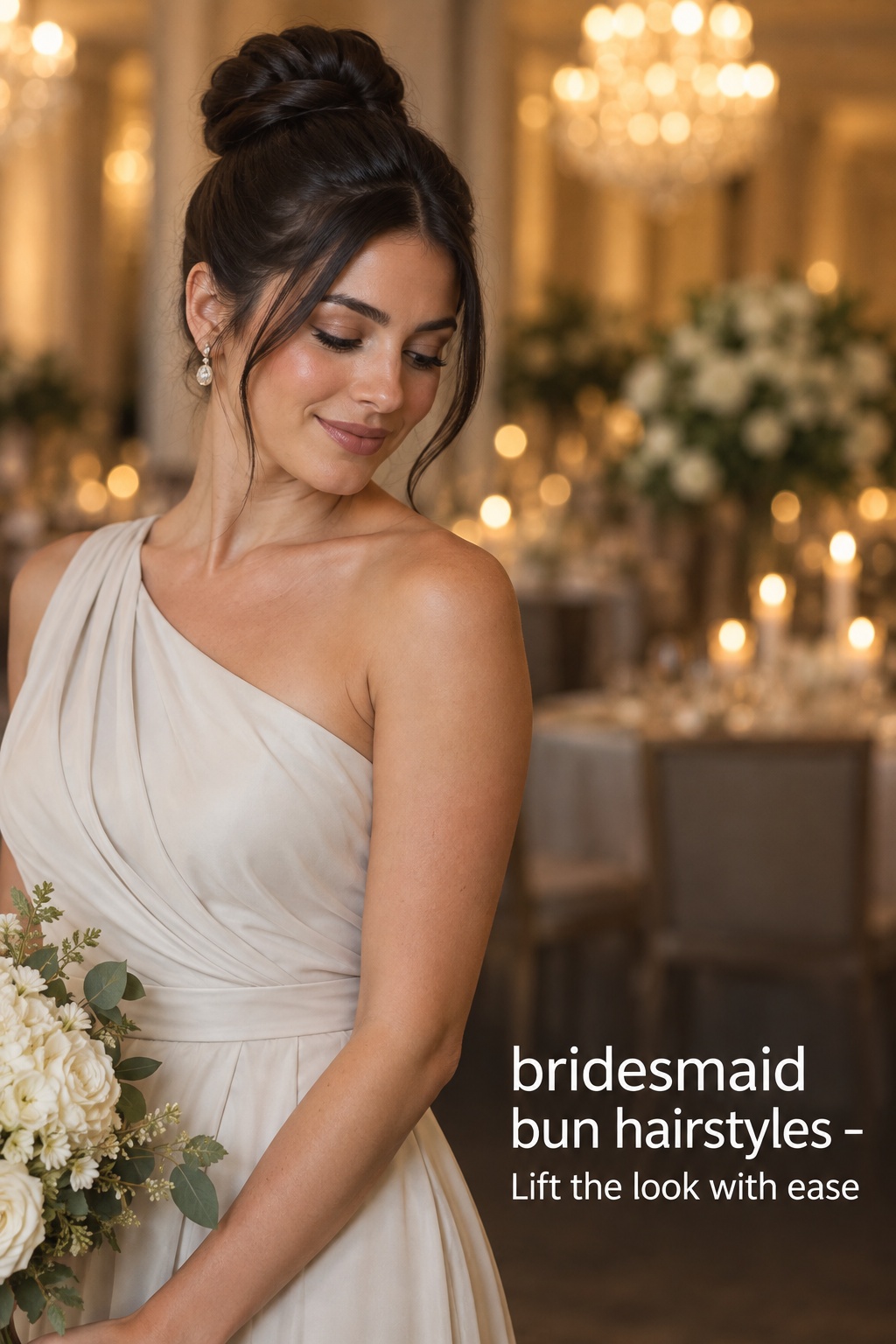 bridesmaid bun hairstyles high bun with face framing pieces and ivory dress
