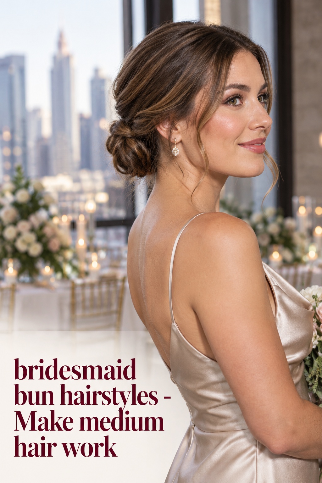 bridesmaid bun hairstyles medium hair twisted chignon with champagne dress
