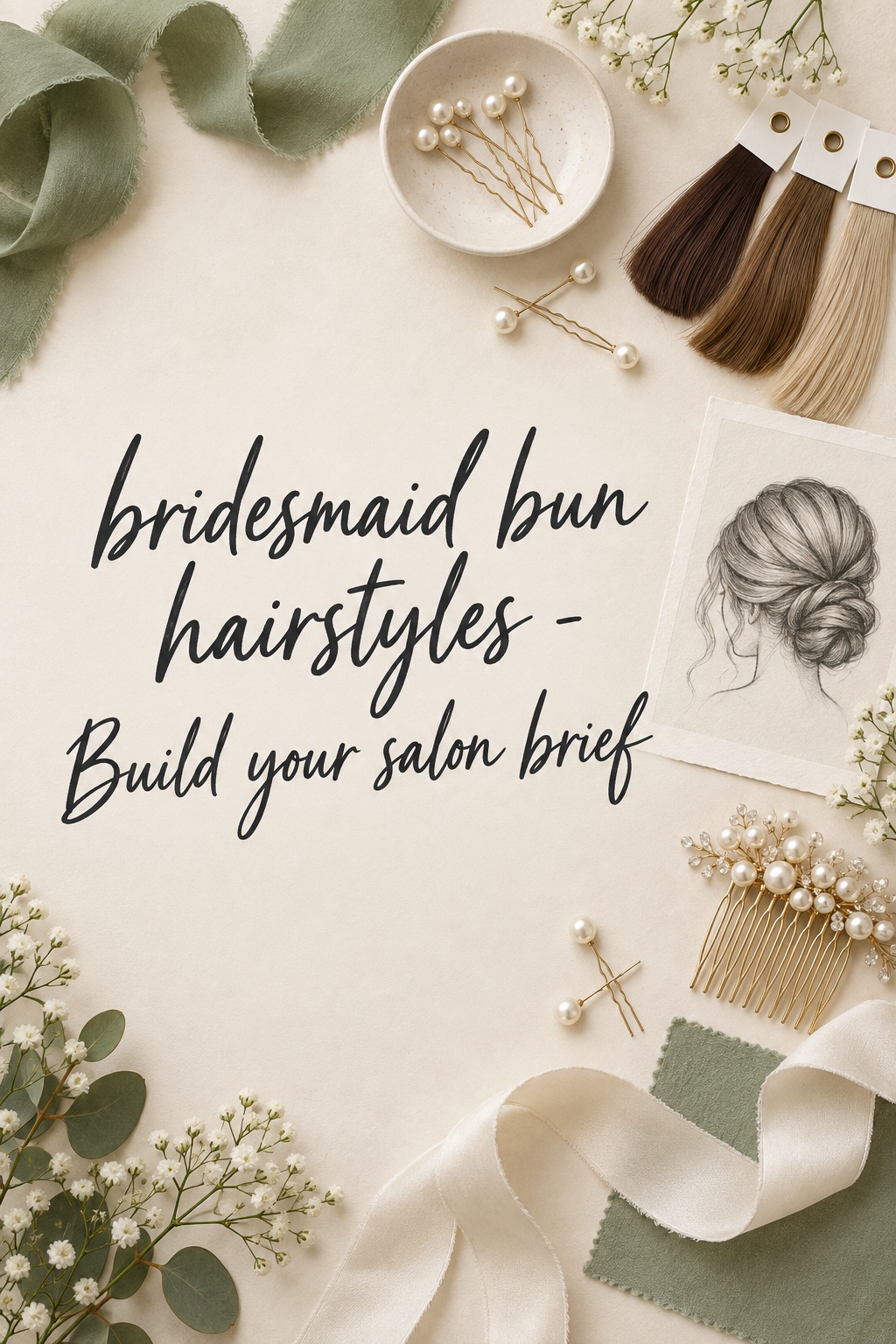 bridesmaid bun hairstyles Pinterest flat salon brief with pearl pins and swatches