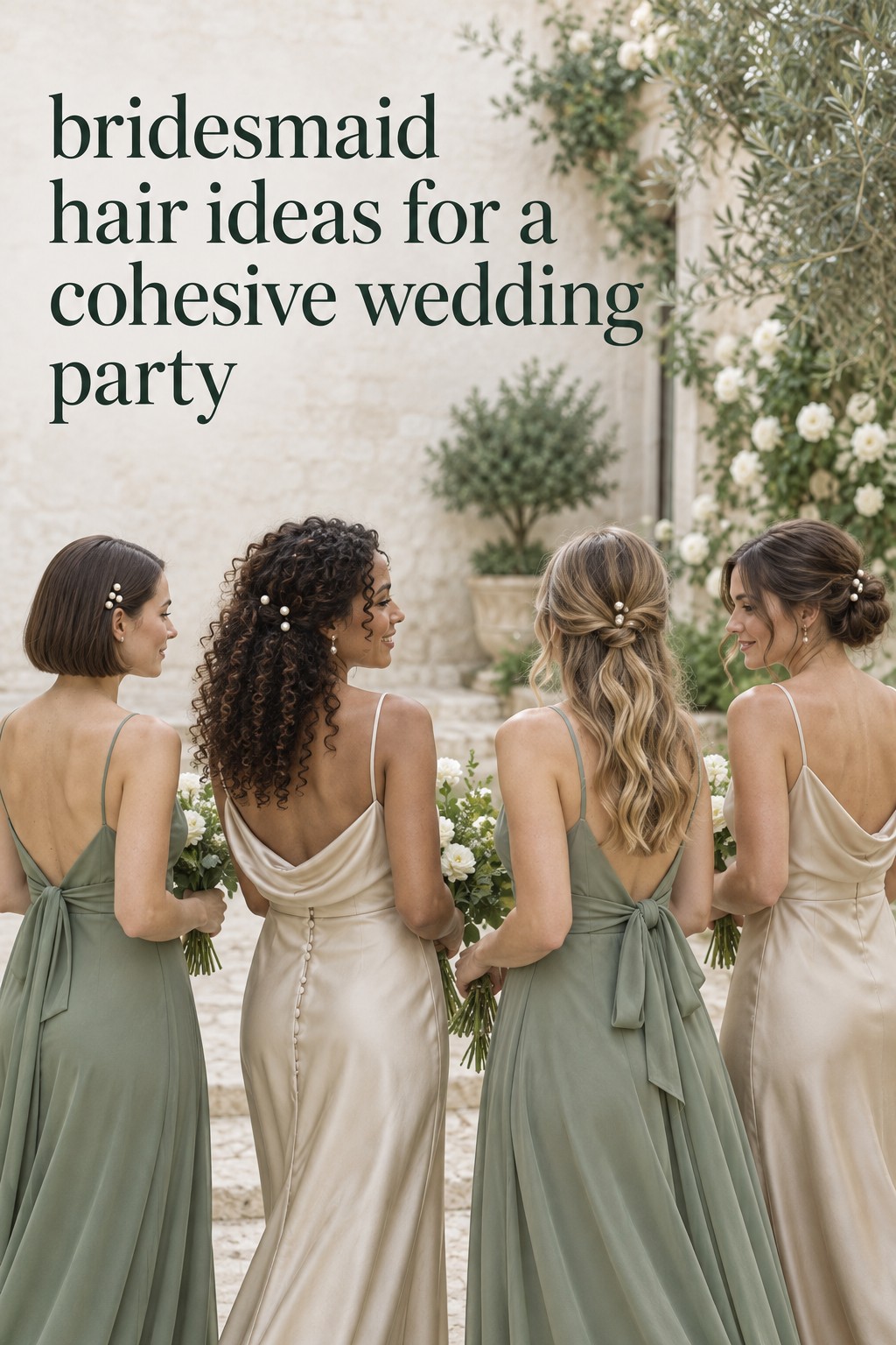 Bridesmaid hair ideas connecting a bridal party with a bob, defined curls, a half-up twist, and low bun