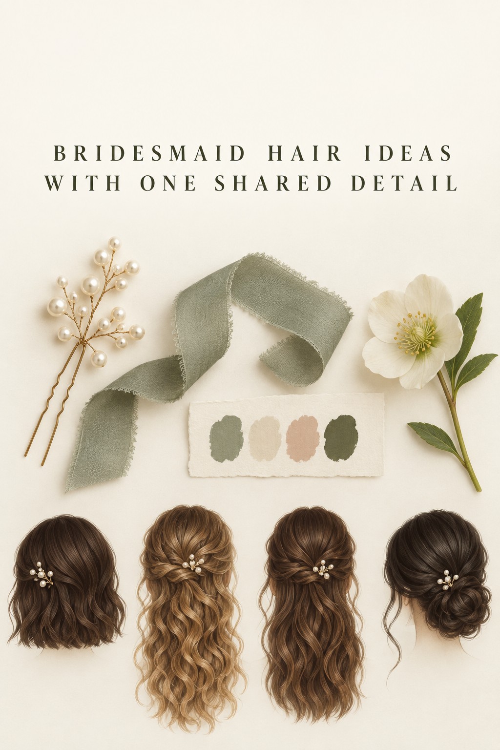 Bridesmaid hair ideas mood board comparing four hairstyle silhouettes and one shared pearl detail