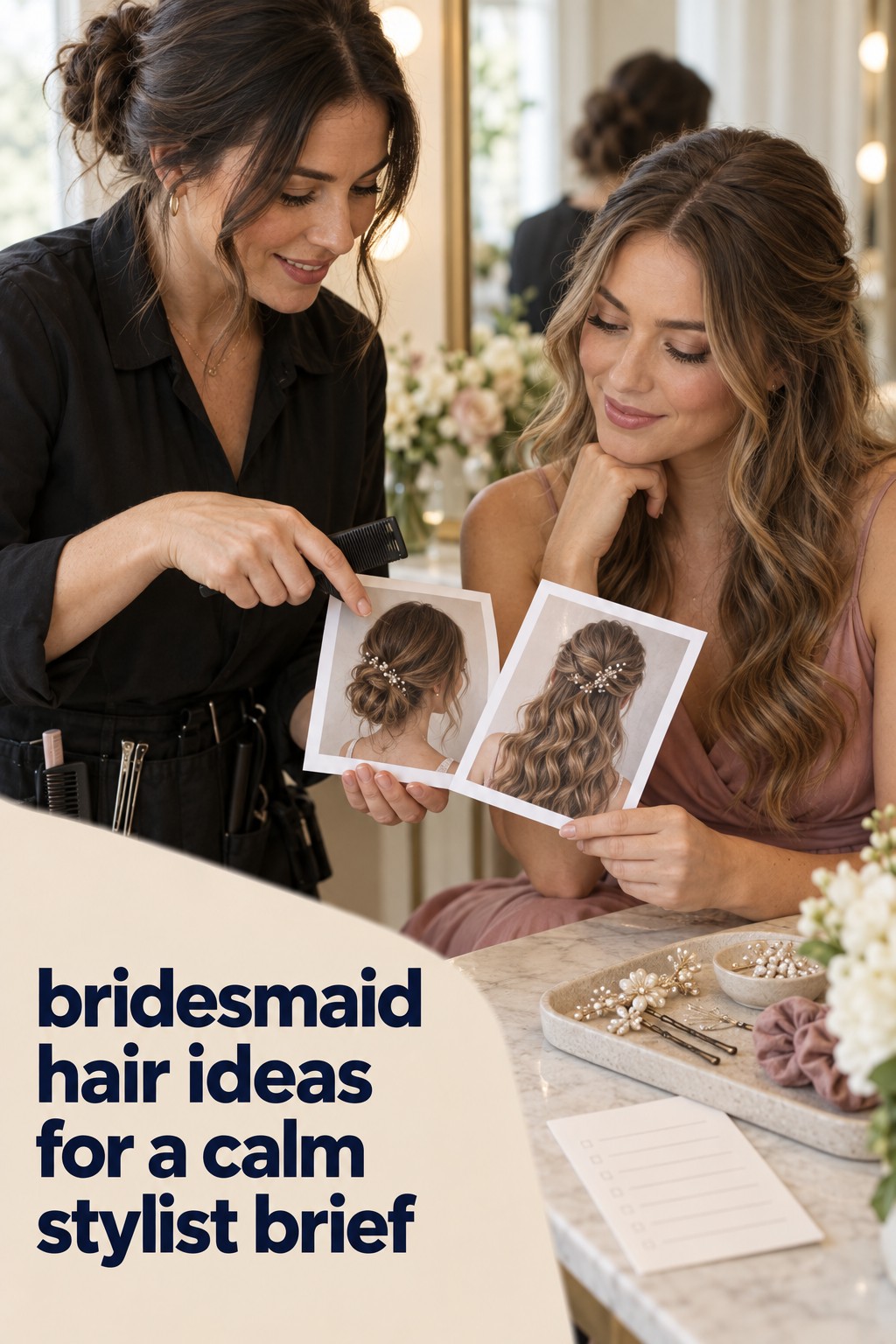 Bridesmaid hair ideas reviewed by a stylist and bridesmaid with two reference photos
