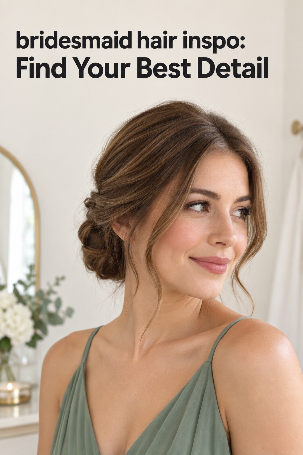 Bridesmaid hair inspo featuring a soft low twist and sage dress