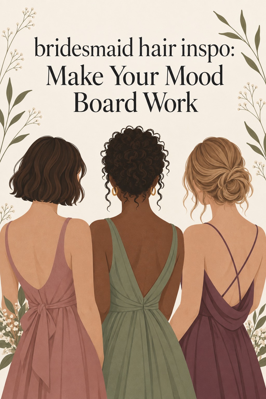 Bridesmaid hair inspo mood board with three hairstyles for a coordinated wedding party