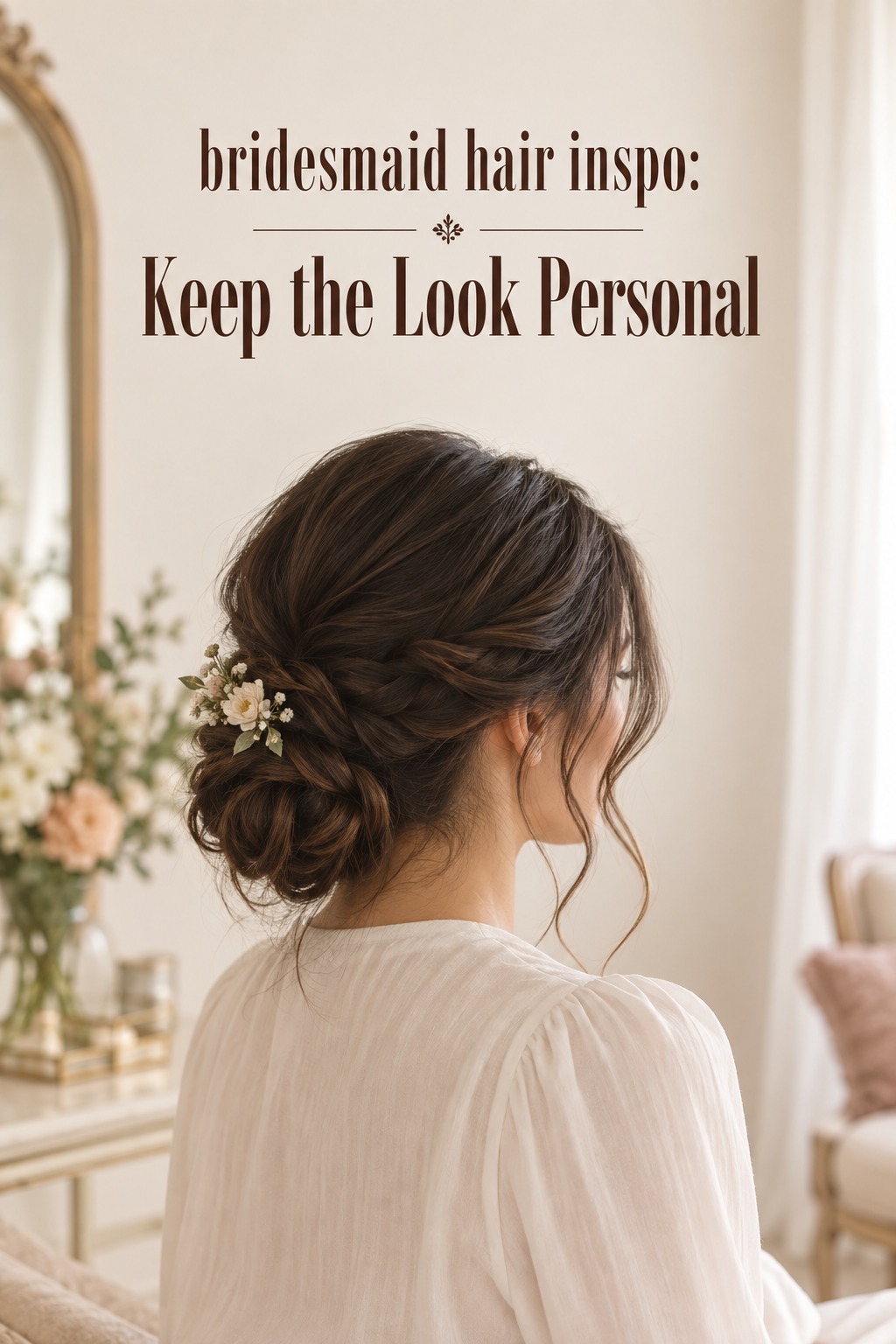 Bridesmaid hair inspo showing a braided low updo with a small floral pin