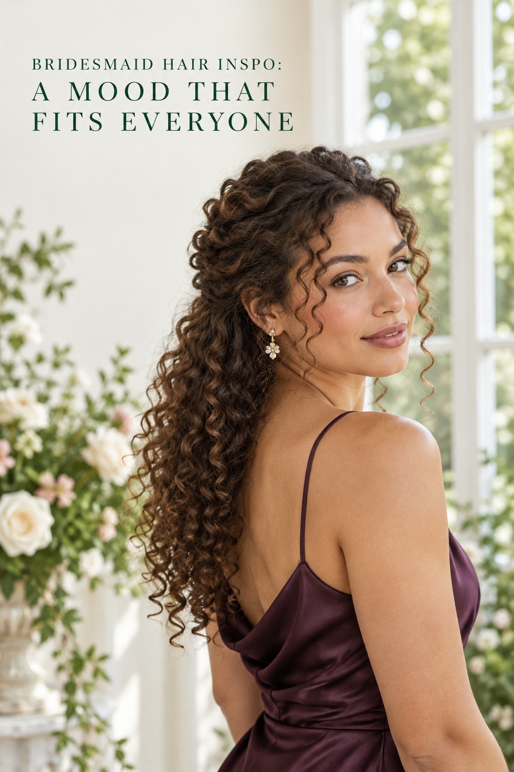 Bridesmaid hair inspo with natural curls in a half-up style