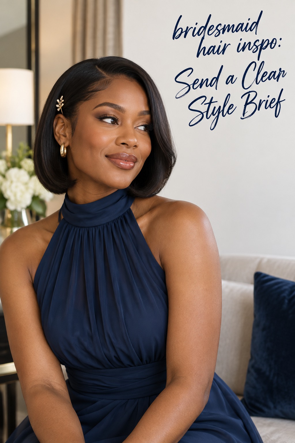 Bridesmaid hair inspo with a glossy bob and a small gold pin